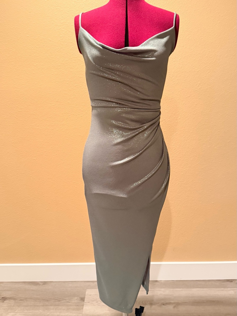 Windsor Shimmery Silver Cowl Neck Midi Dress